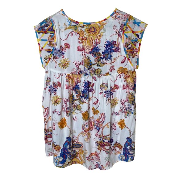 Boho Paisley Rayon Blouse S White Multicolor Cap Sleeve Embroidered Trim Top - Picture 2 of 6